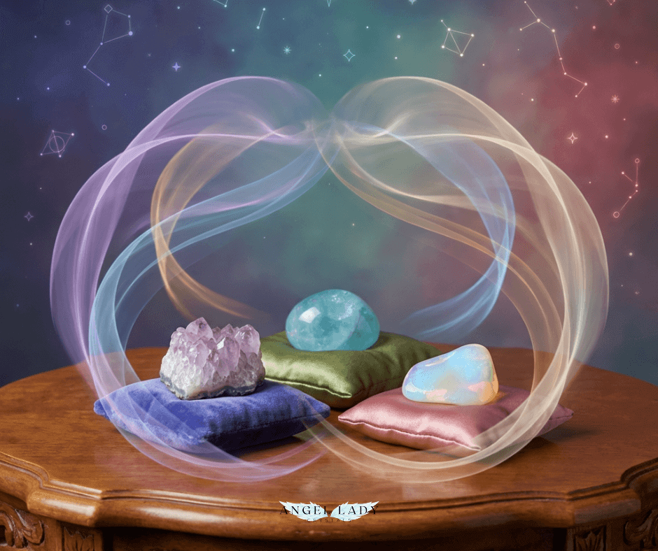 softly glowing altar; small grouping of rare, delicate crystals; tiny geometric star‑patterns flickering in the air