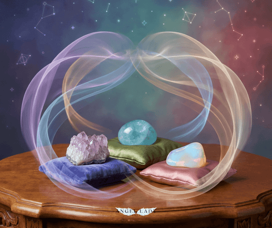 softly glowing altar; small grouping of rare, delicate crystals; tiny geometric star‑patterns flickering in the air