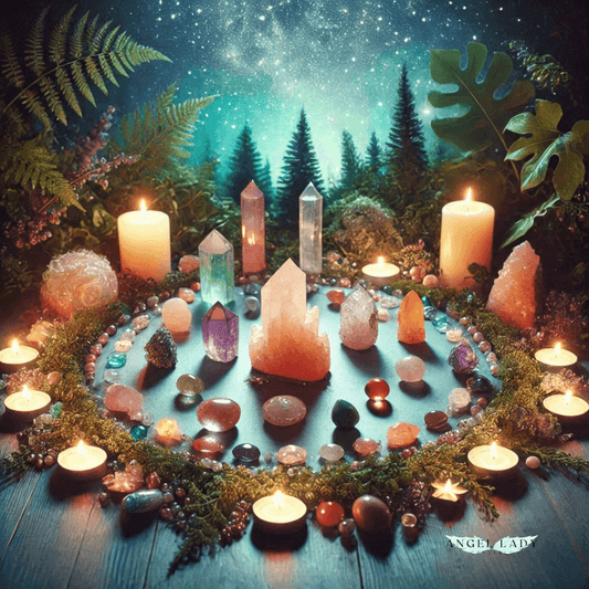 a mystical image for a new year crystal cleansing, crystals and candles in a ciruclar pattern, glowing sky in the background