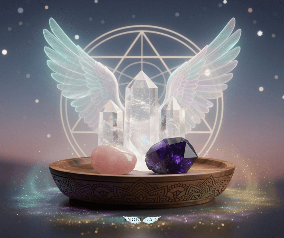 crystalline altar at twilight, clusters of luminous crystals, arranged on a carved wooden tray, translucent, wing-like light forms