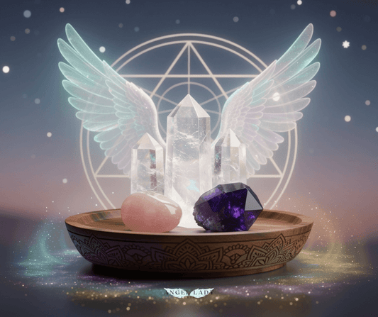 crystalline altar at twilight, clusters of luminous crystals, arranged on a carved wooden tray, translucent, wing-like light forms