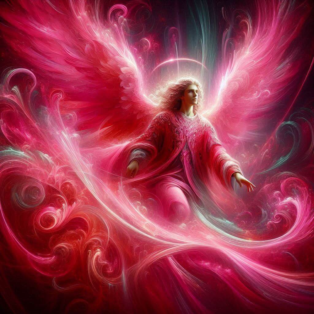 mystical image of Archangel Jophiel, subtle pink, red, white and swirling energy
