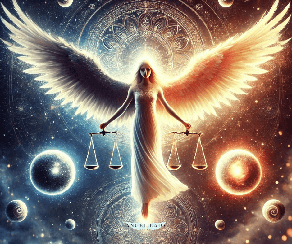 angel of duality, holding scales of balance with orbs of light and dark