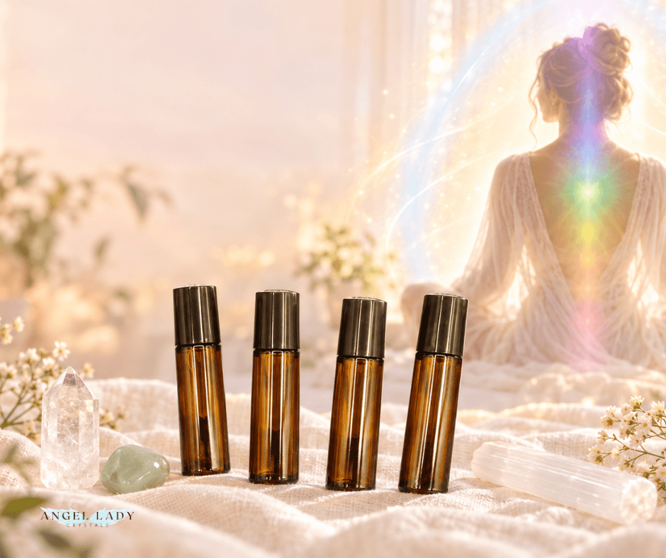 4 essential oil bottles, 7 major chakras, soft energy field around a silhoutte of a woman