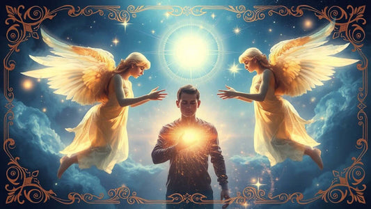 A pair of gentle, glowing guardian angels forming a protective barrier around a person, shielding them from swirling dark energy. The scene is mystical, with soft light and ethereal wings.