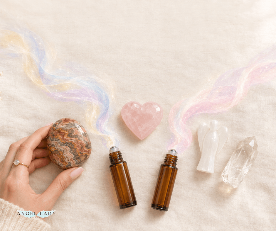 essential-oil roller bottles; ribbons of angelic light rise and weave gently around the crystals: