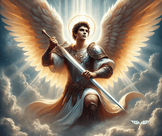 Mystical image of Archangel Michael holding his sword, clouds and rays of ight in the background