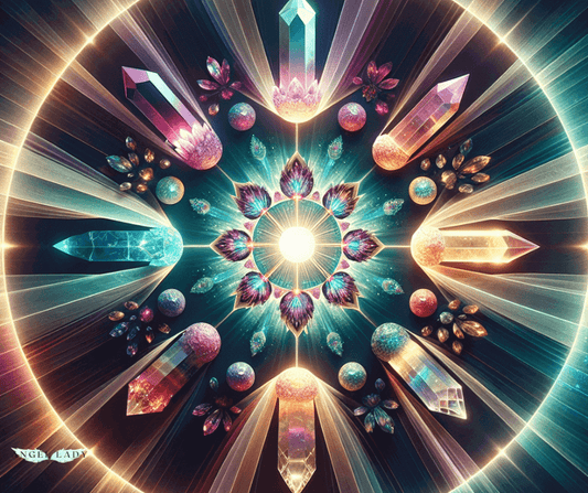 A luminous, circular layout viewed from above, showing different crystal shapes arranged like petals around a central glowing point. distinct streams of colored light flow outward;  Faint, wing‑like arcs of iridescent light hover around the mandala,