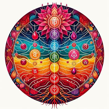 circular image, root chakra reds, symbols