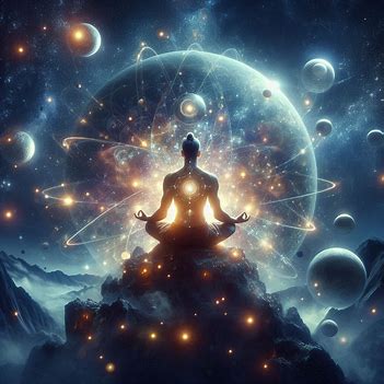 blue background, figure meditating, energy rings, golden planets and misty mountain peaks at the base