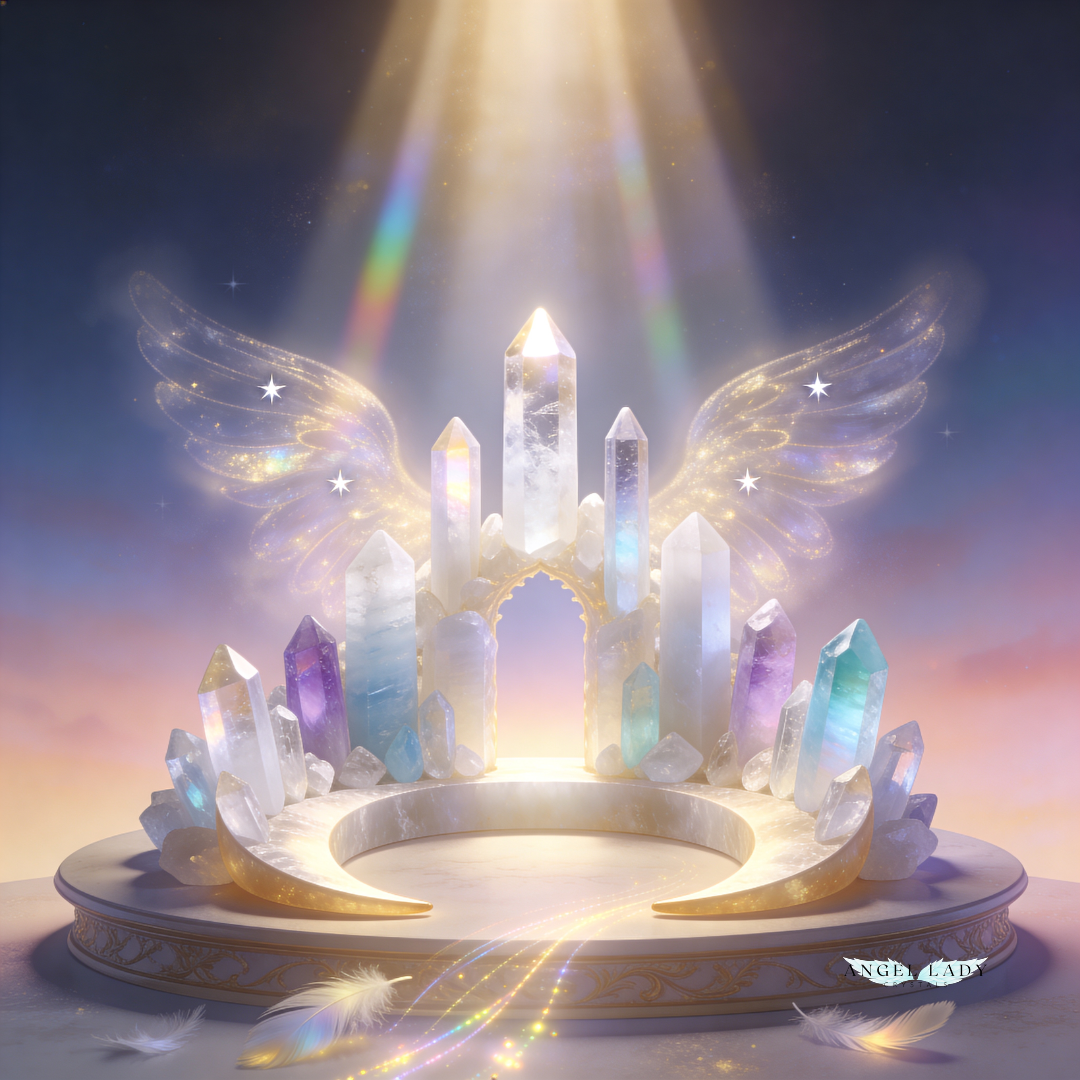 soft golden‑white angelic light pours down over a small constellation of high‑vibe crystals on an elegant altar, with the subtle sense that this light is forming wings or a halo above them