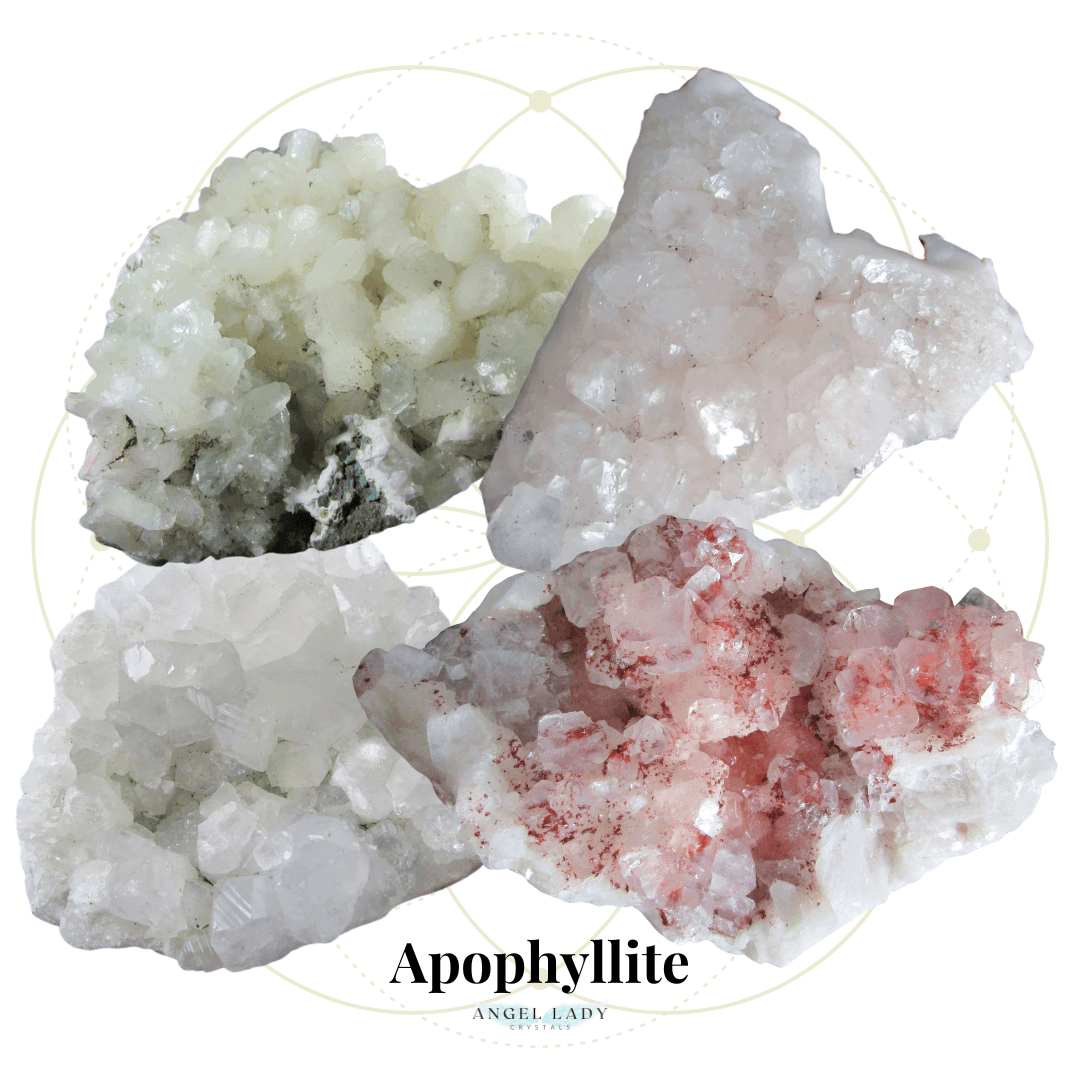 apophyllite crystal clusters, white, red, green, pink