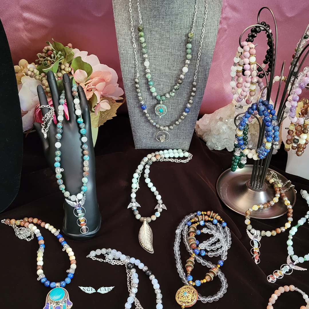 crystal jewelry collection display, malas, necklaces, bracelets