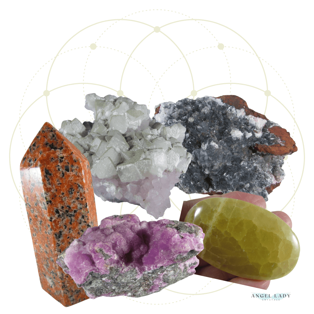 calcite crystals and minerals - cobalto, orchid, yellow, black, calcite on amethyst