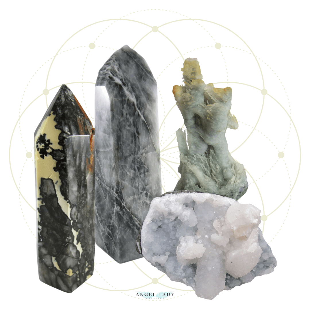 Chalcedony crystals and minerals - mosaic, windswept, grey white, blue