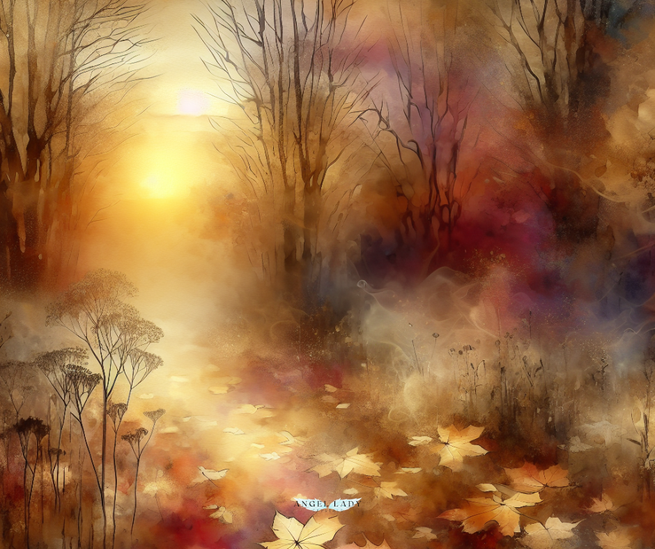 ethereal fall forest scene of golds, deep russet colors and sunset in the background