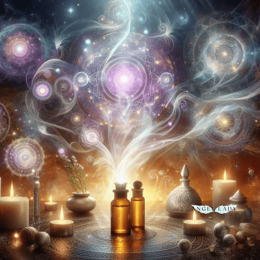 mystical image for aromatherapy essential oil blends, with wisps of energy