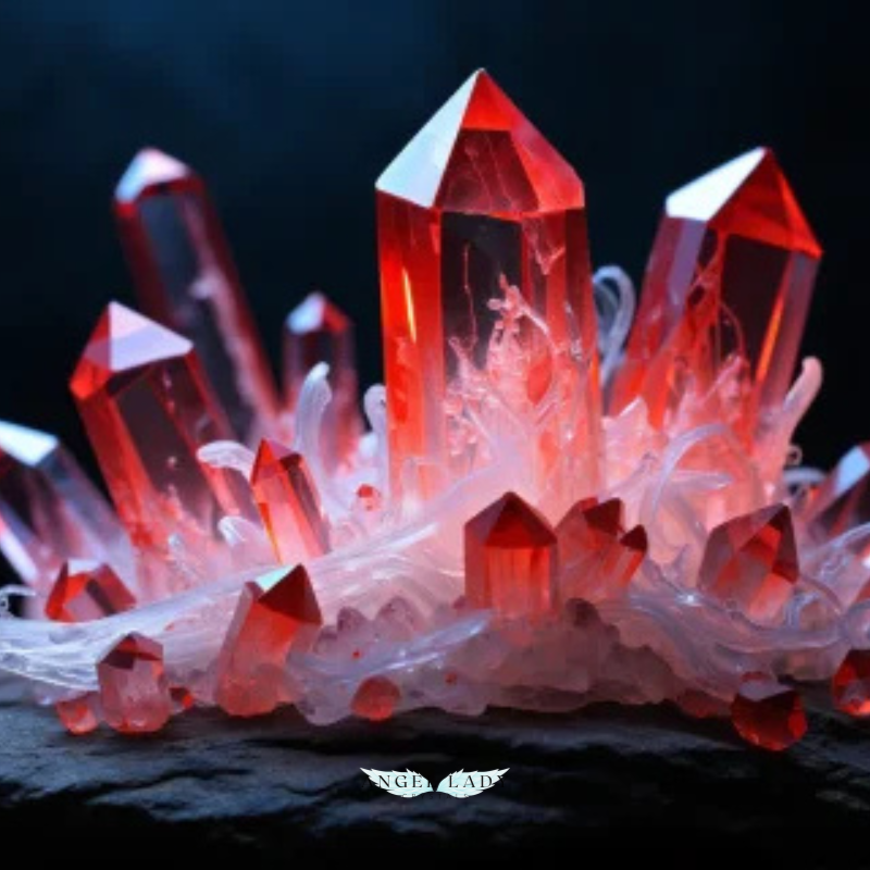 mystical image of red crystals with wisps of energy
