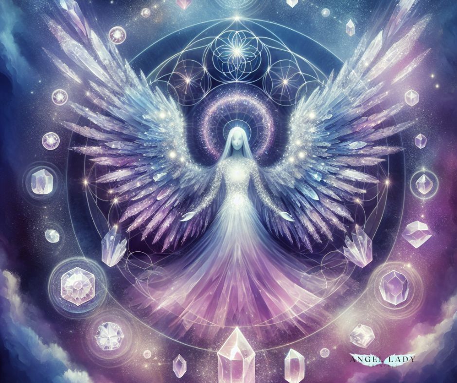 twilight background, translucent angelic silhouette made of light, small crescent of softly glowing crystals