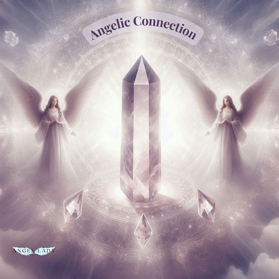 mystical image with an elongated crystal in the center, an Angel on either side of the crystal, light rays behind the crystal and angels, smaller crystals on either side, soft glowing background, with soft whites and lavender colors