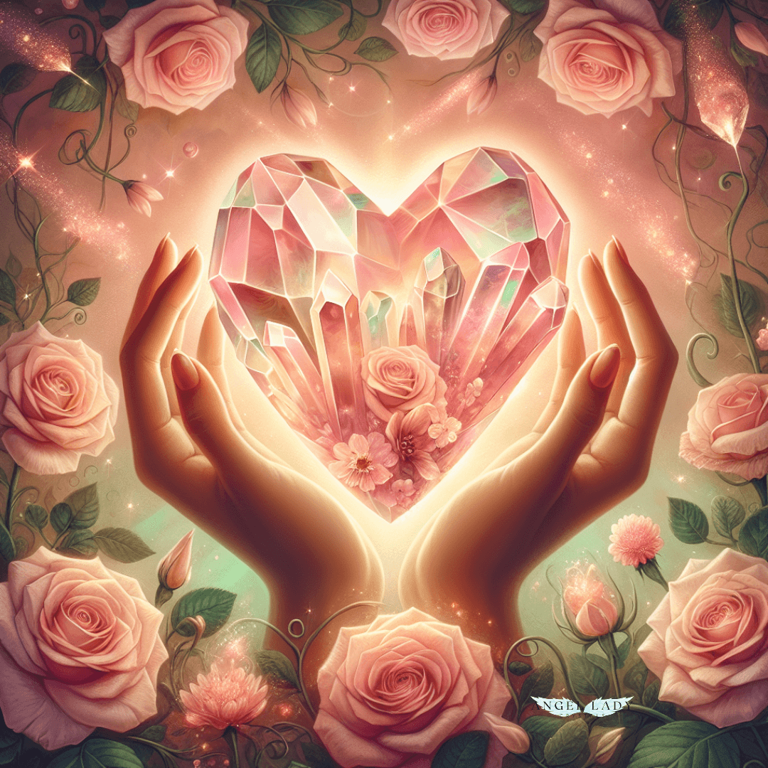 Roses and blossoming vines curl lovingly around the crystals, while subtle sparkles float in the air to evoke compassion and renewal. A pair of luminous hands cradle the heart cluster, symbolizing nurturing self-love and emotional peace.