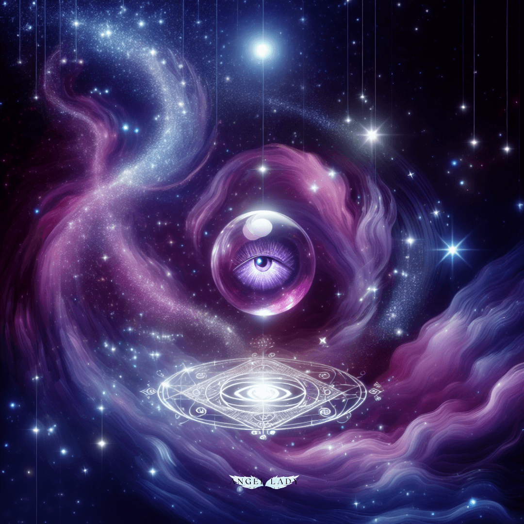 A swirling cosmos of deep indigo and violet tones, with radiant light streaming from a luminous crystal orb suspended above a gently glowing third eye symbol