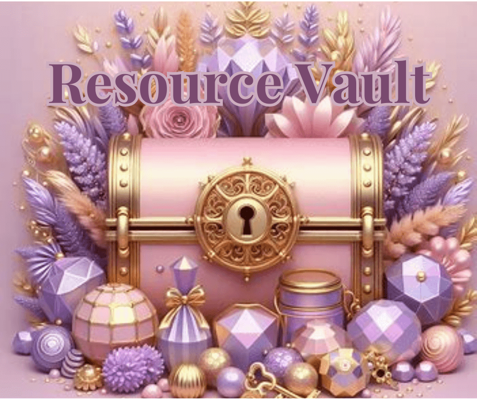 soft pinks and purple, gold, pink treasure chest, flowers and crystals