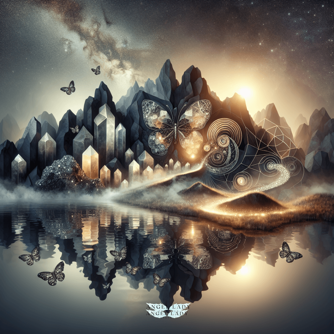 A shadowed landscape with smoky quartz and obsidian crystals rising from a pool of reflective water, half submerged beneath mist.