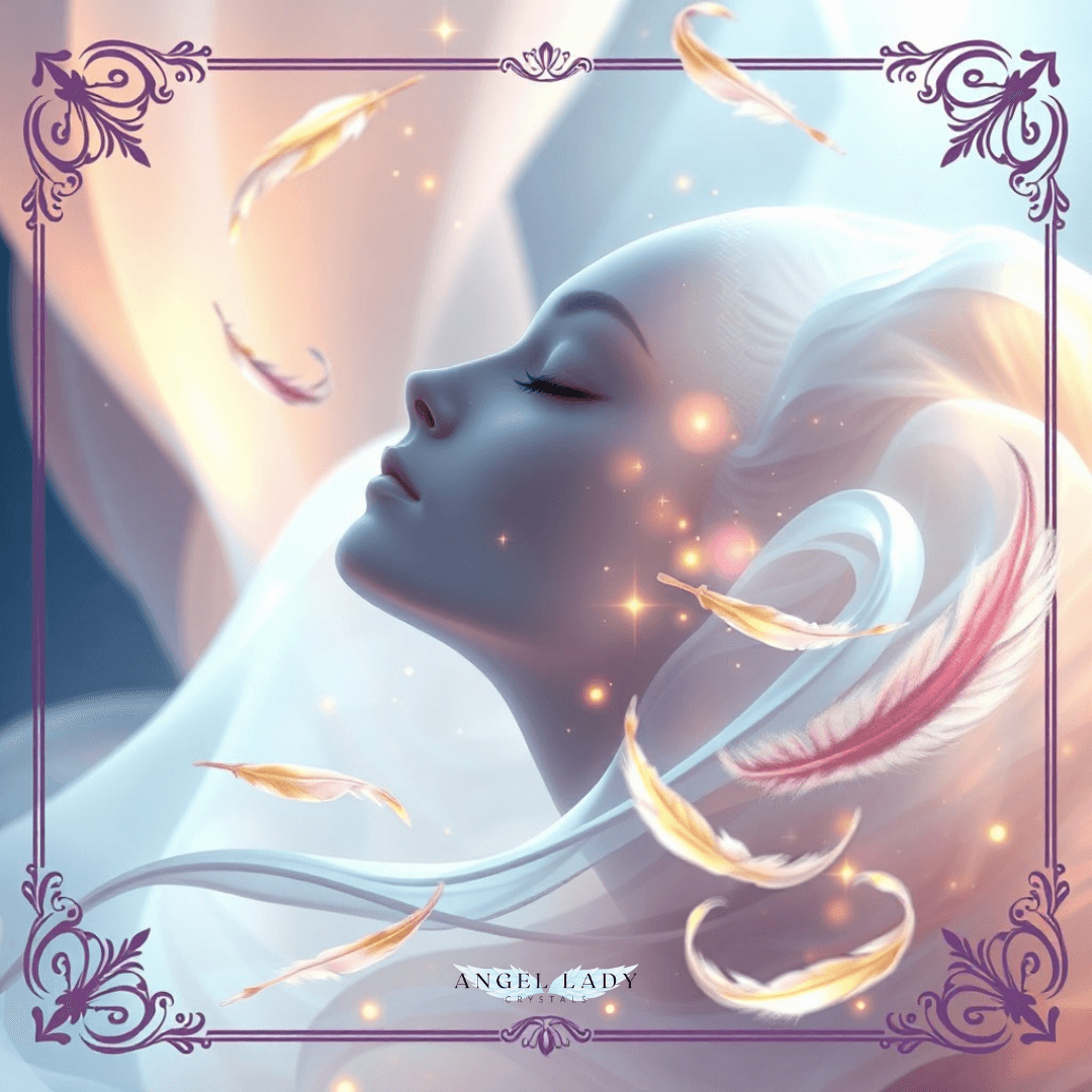 flowing pastel colors in the background, feathers, wisps of smoke, serene face closed eyes