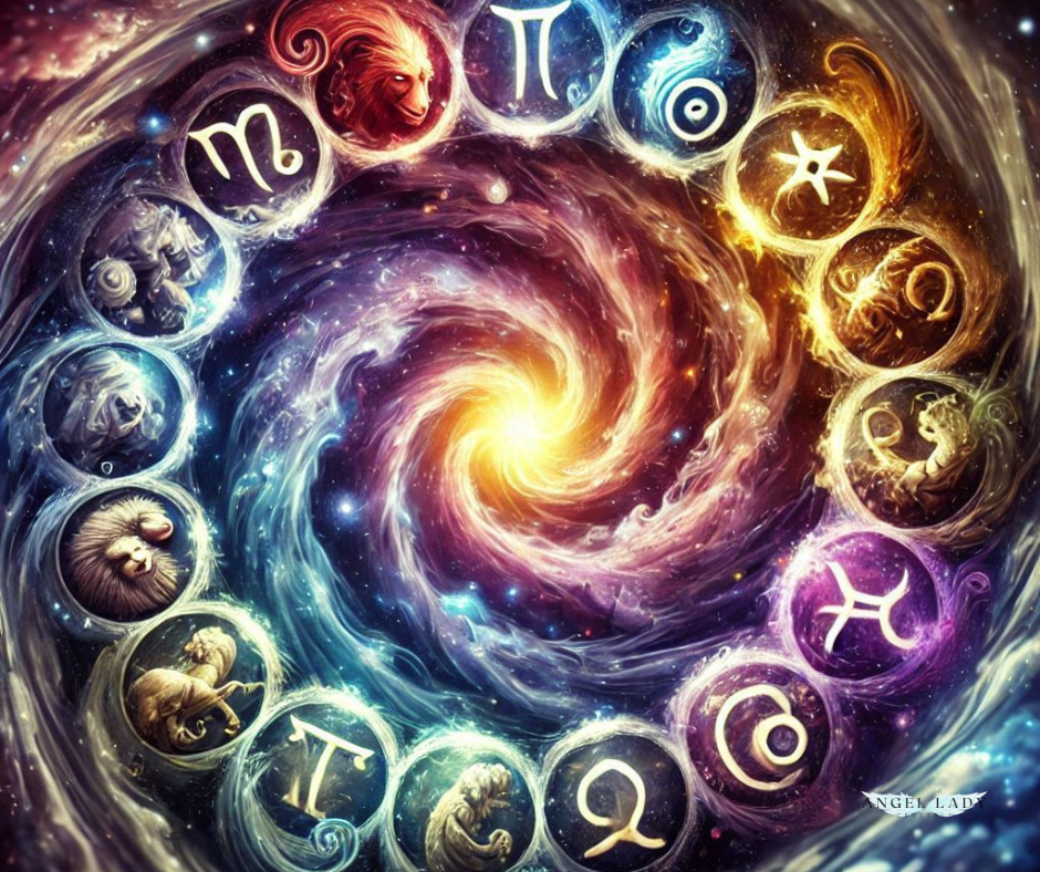 a mystical image representing all 12 zodiac signs, colorful swirls of energy 