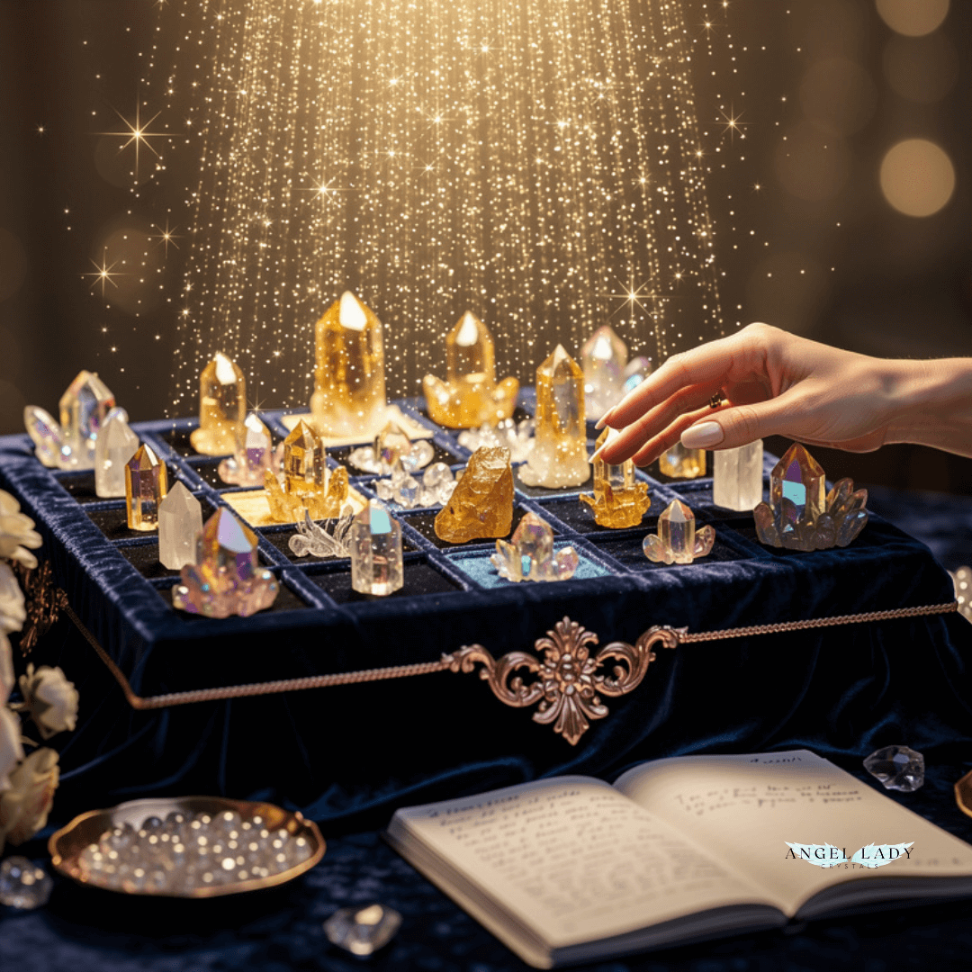 deep navy velvet altar,  golden iridescent crystals, copper chalice, coins, and a journal, a beam of golden light from above. A hand reaches toward a dish of coins, symbolizing Divine Feminine prosperity and receptive, soul‑led abundance.