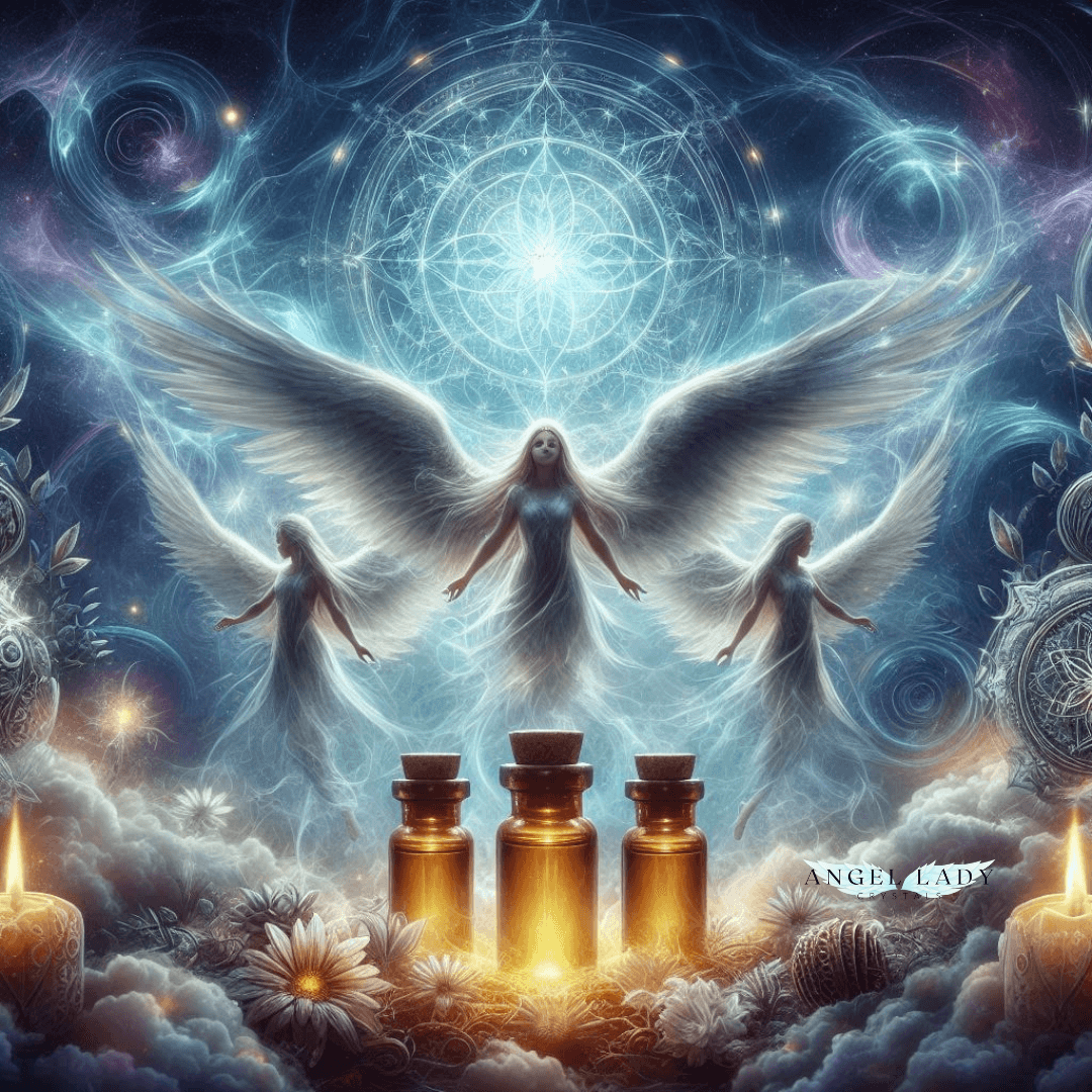 Mystical image of essential oil vials, three angels, and wisps of energy