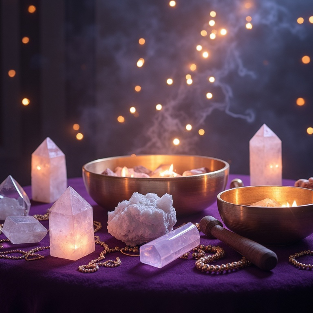 An enchanting arrangement of luminous crystals, ethereal singing bowls, and shimmering jewelry, displayed on rich velvet cloth beneath a gentle, celestial glow.