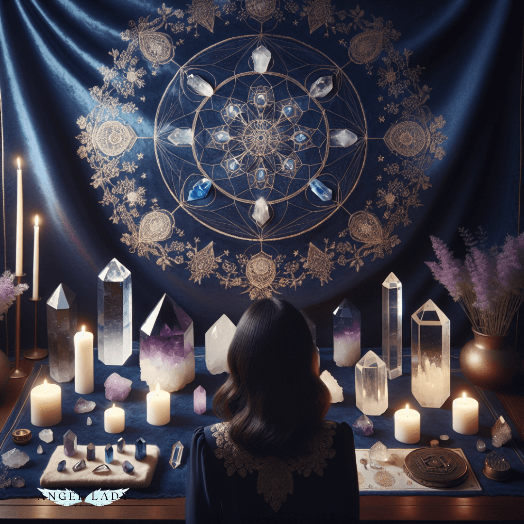 crystal grid arranged on deep indigo or midnight blue velvet, high-frequency crystals, Soft candlelight, a few ritual tools, a serene meditation altar 