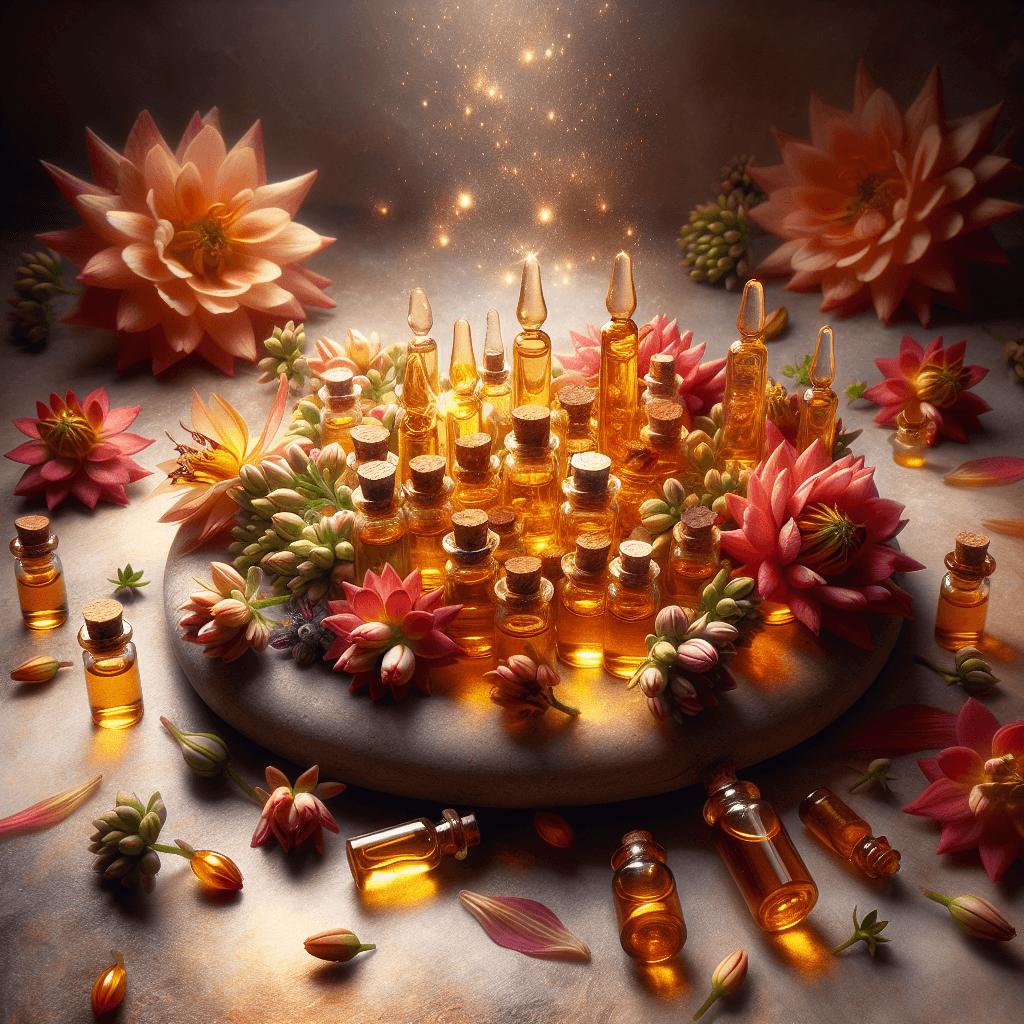 small amber vials nestled among scattered, colorful flower buds on a soft, neutral surface