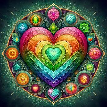 heart chakra, colorful heart shape in the center, chakra symbols around the heart