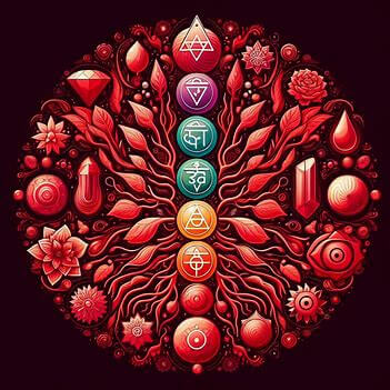 root chakra image, reds, black background