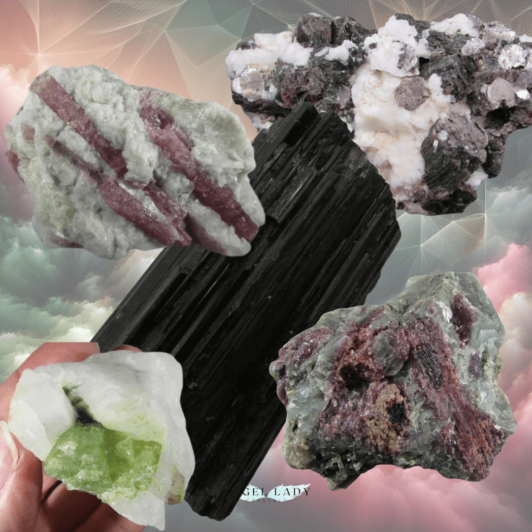 Tourmaline crystals on a soft, misty background in deep greens, rose pinks, and smoky charcoals, A subtle shimmer, a golden geometric pattern in the background.
