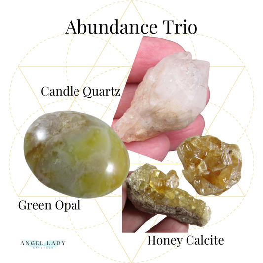 Abundance Crystal Set featuring Green Opal, Honey Calcite, and Candle Quartz for manifestation and prosperity