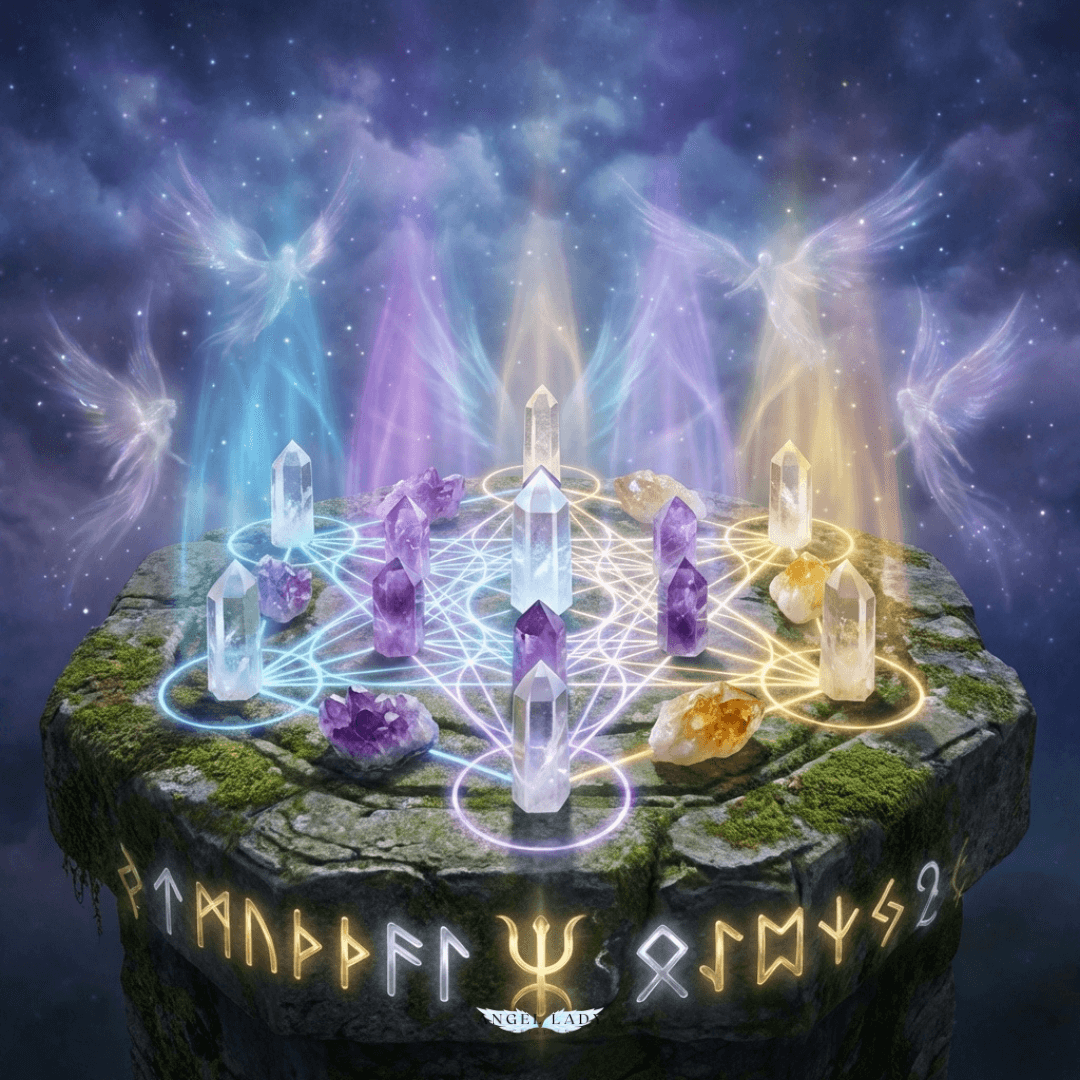 Mystical, colorful image of a glowing crystal grid surrounded by soft Angelic light, with gentle blues, violets, and golds suggesting protection, clarity, and higher guidance.