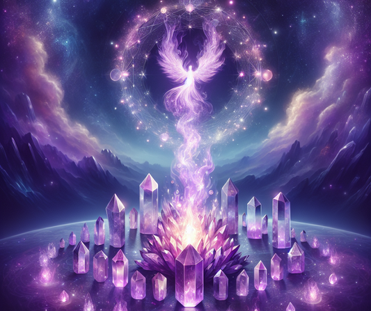 column of Violet Flame rises from a small cluster of crystals, Embedded within the Violet Flame, faint angelic outline