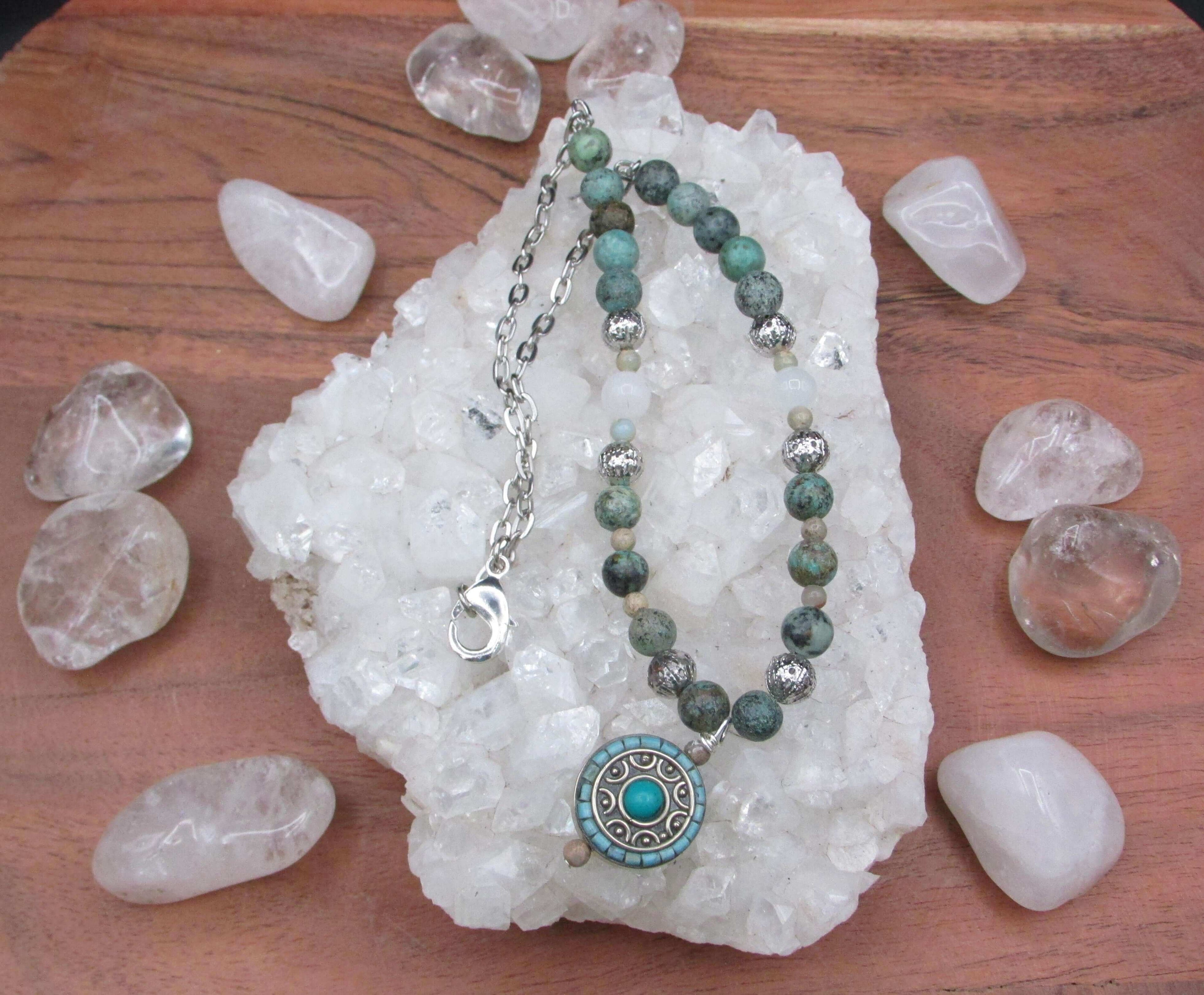 Inner Peace Crystal Necklace – African Turquoise, White Jade & Aqua Terra