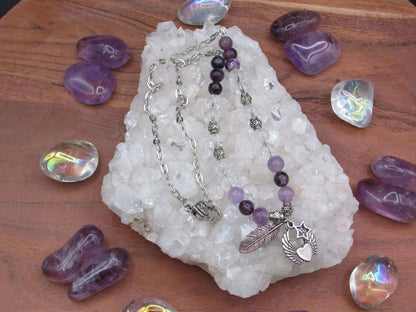 Spiritual Protection Crystal Necklace - Charoite & Amethyst with Angel Wing