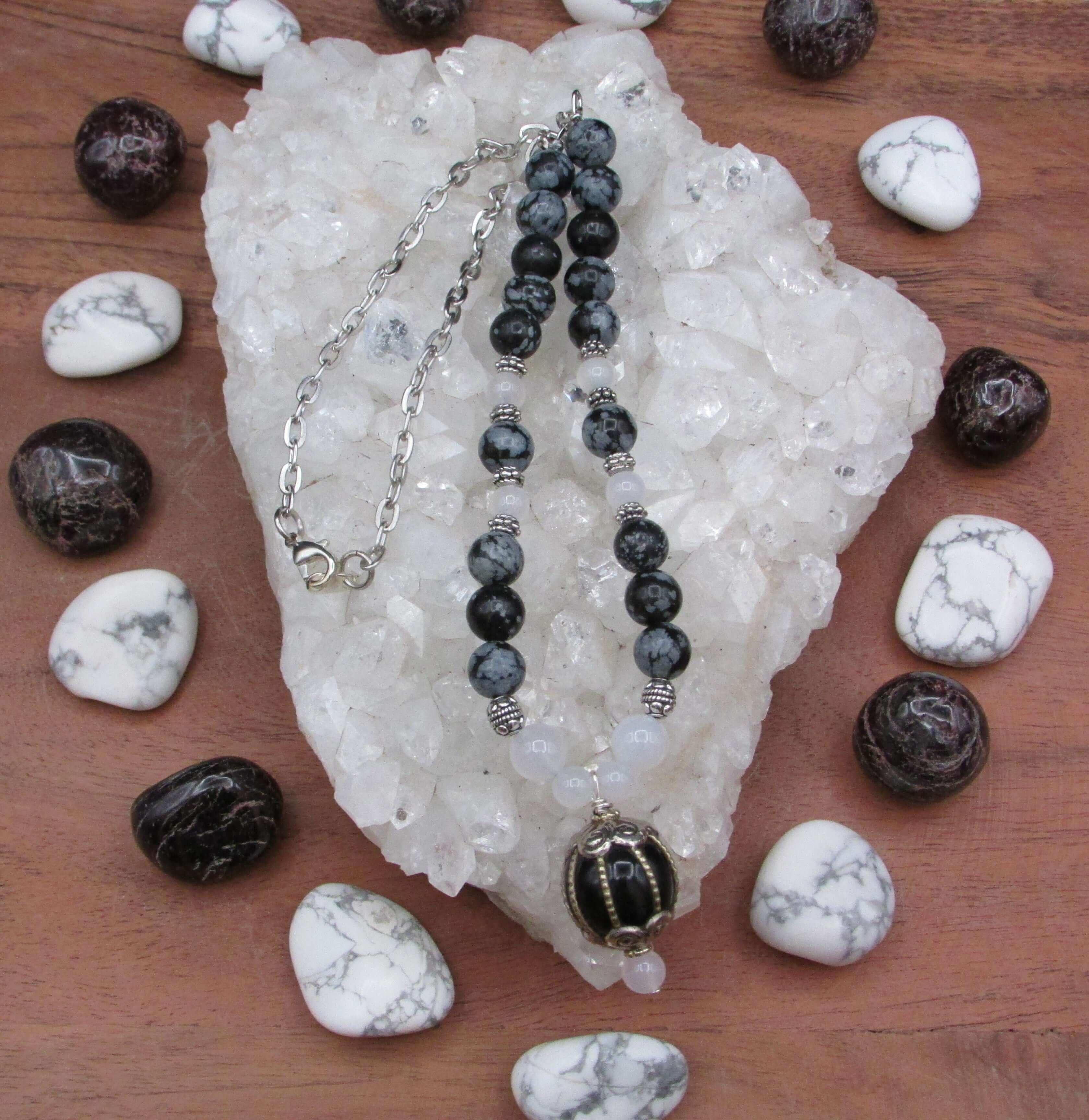 Protection from Negativity Crystal Necklace – Tourmalinated Quartz, White Agate & Black Tourmaline