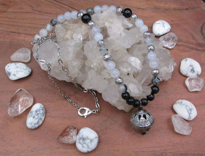 Aura Purification Crystal Necklace - Tourmalinated Quartz & Black Tourmaline