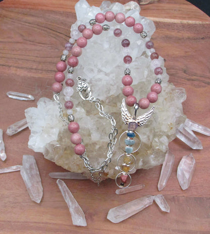 Heart Chakra Crystal Necklace - Rhodocrosite & Rose Quartz with Angel Wing