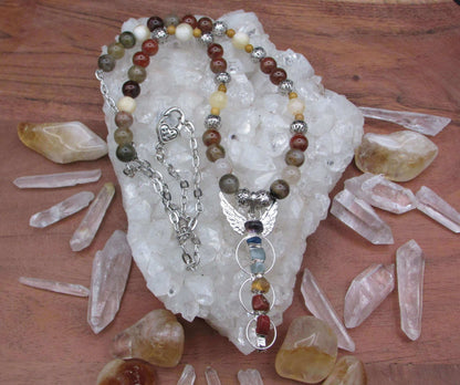 Root Chakra Crystal Necklace - Pietersite & Garnet with Angel Wing Pendant