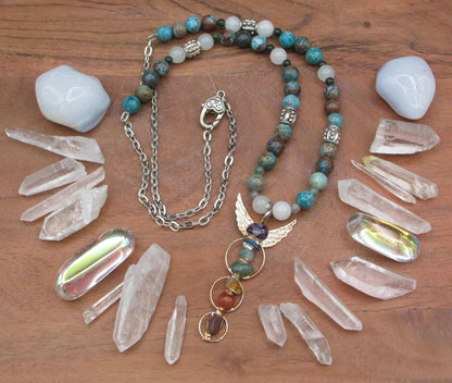 Throat Chakra Crystal Necklace - Blue Calsilica Jasper with Angel Wing