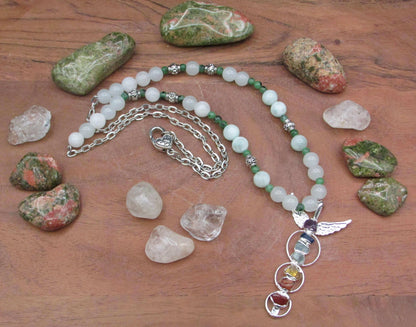 Crown Chakra Crystal Healing Necklace - Green Angelite & White Jade