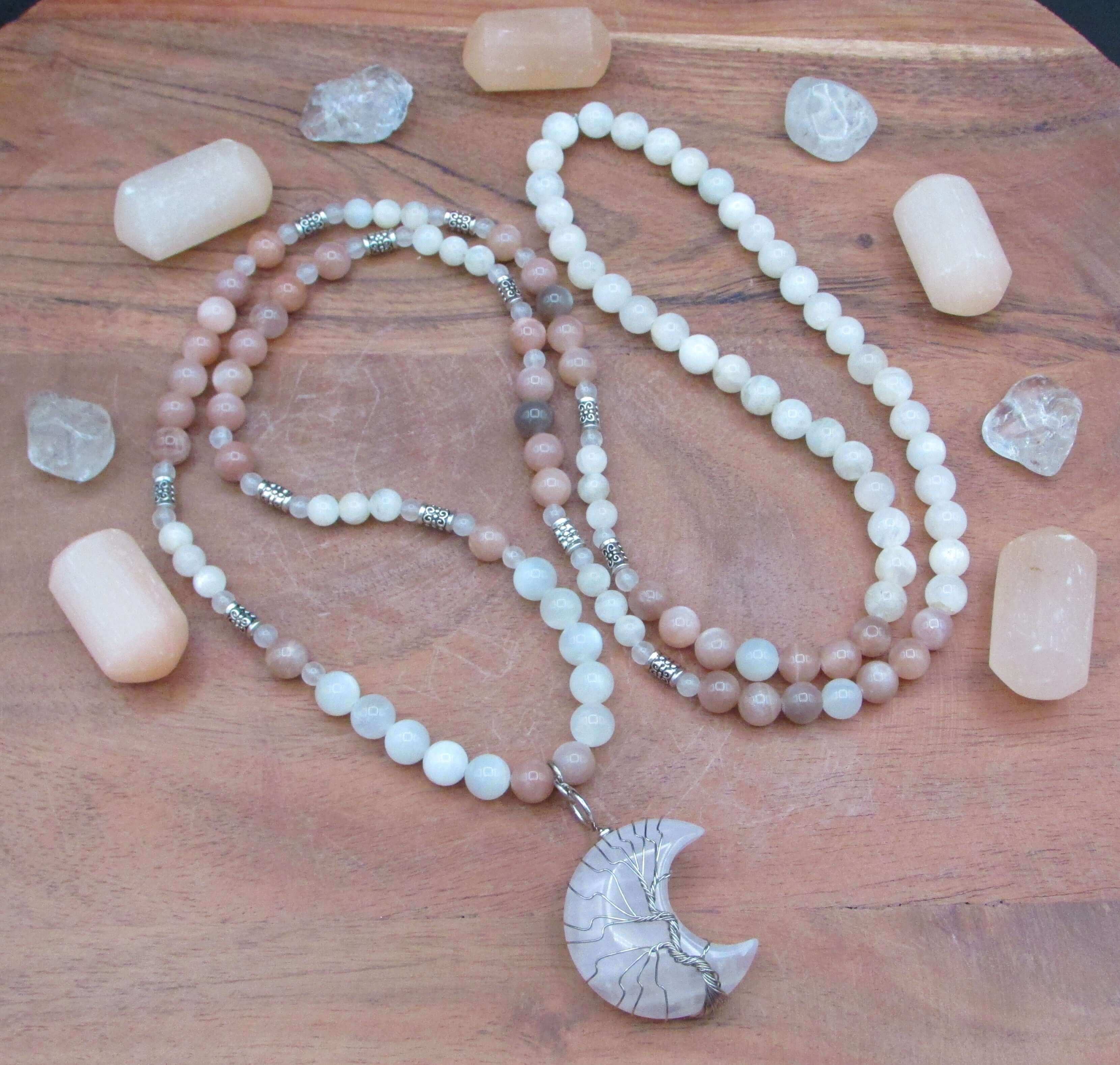 Moon Goddess Mala – Moonstone, Peach Moonstone & Rose Quartz